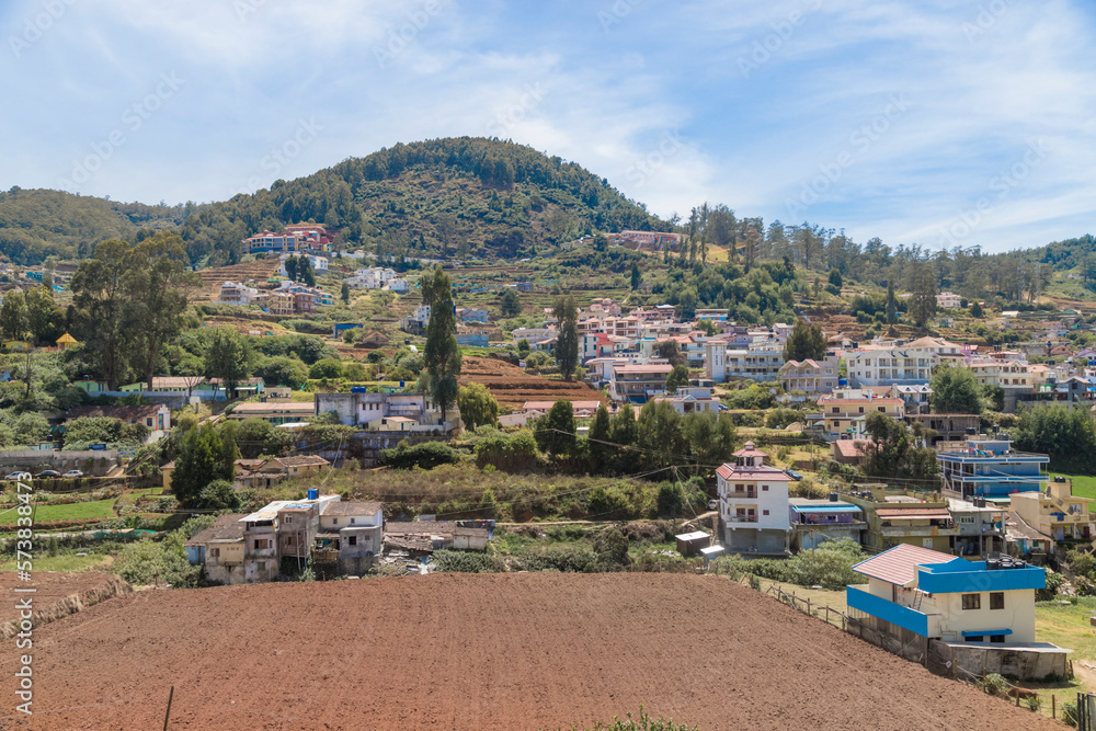 Village in a hill at Nilgiri forest Ooty. Landscape of Ooty Tamil nadu India