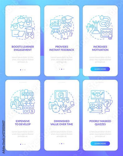 Gamification pros and cons blue gradient onboarding mobile app screens set. Walkthrough 3 steps graphic instructions with linear concepts. UI, UX, GUI template. Myriad Pro-Bold, Regular fonts used