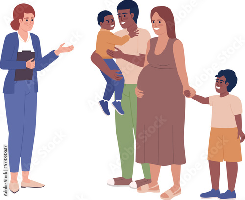 Real estate agent and family with children semi flat color vector characters. Editable figures. Full body people on white. Simple cartoon style spot illustration for web graphic design and animation