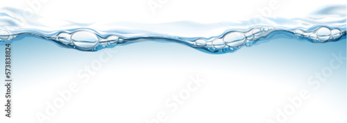 Transparent realistic vector mineral water line on light background. Water surface with drops and bubbles. 