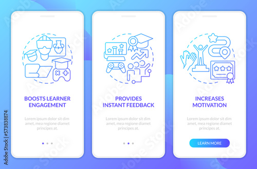 Gamification benefits in e learning blue gradient onboarding mobile app screen. Walkthrough 3 steps graphic instructions with linear concepts. UI, UX, GUI template. Myriad Pro-Bold, Regular fonts used