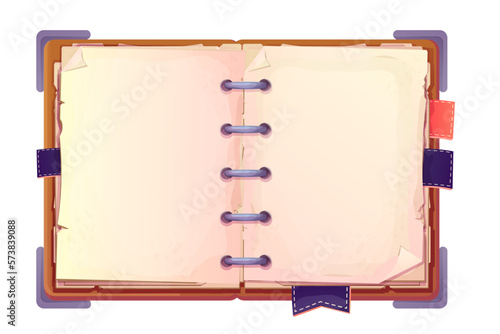 Diary, note book in cartoon style top view isolated on white background. Book with bookmarks and spiral, daily planner.