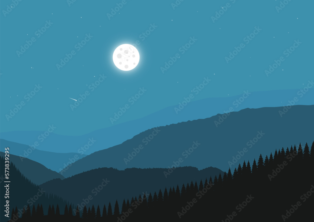 Fototapeta premium night landscape with mountains and a full moon, vector illustration.