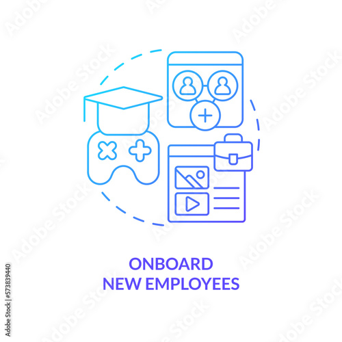 Onboard new employees blue gradient concept icon. Team introducing. Gamification in corporate training abstract idea thin line illustration. Isolated outline drawing. Myriad Pro-Bold font used