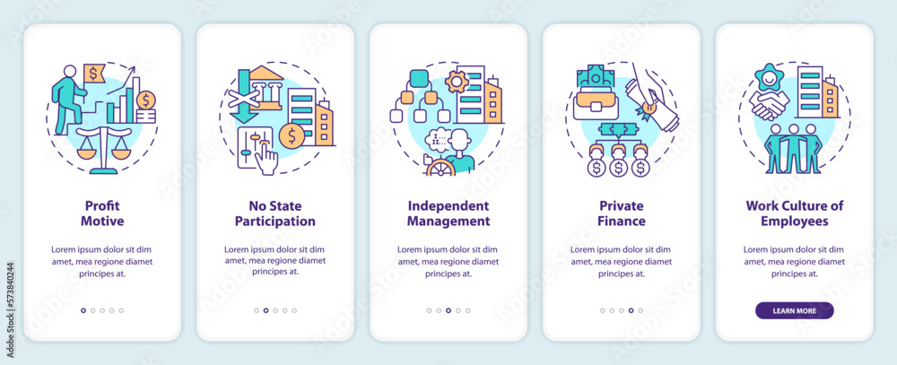 Private sector features onboarding mobile app screen. Business walkthrough 5 steps editable graphic instructions with linear concepts. UI, UX, GUI template. Myriad Pro-Bold, Regular fonts used