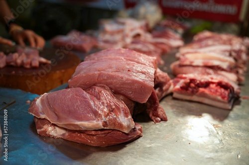 Red meat pork put together for sale in a pork shop in the morning market