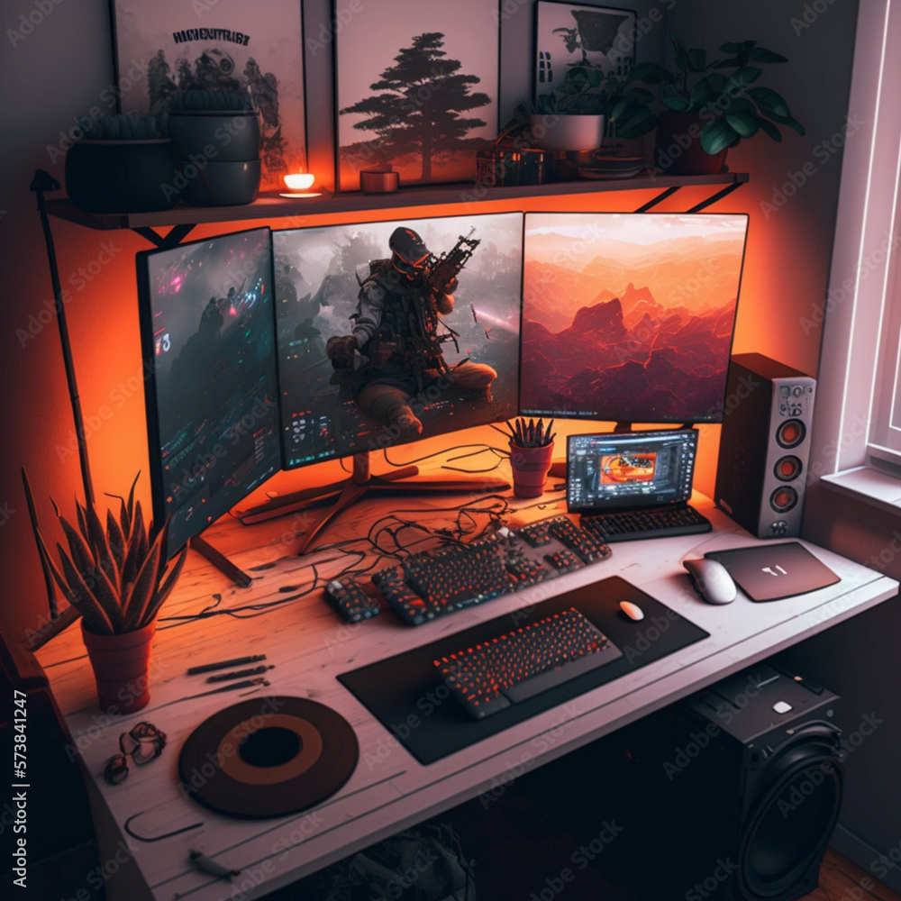 Gamer setup with a modern gaming computer and led lights. Generative AI ...