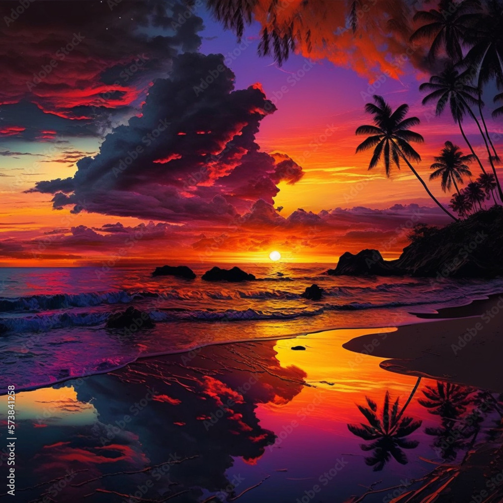 Hawaii landscape illustration. Generative AI.