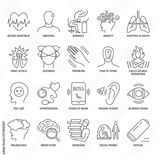 Stress symptoms and causes icon set