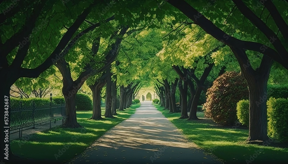 a pathway lined with trees leading to a tunnel of trees. generative ai a pathway lined with trees leading to a tunnel of trees. generative ai