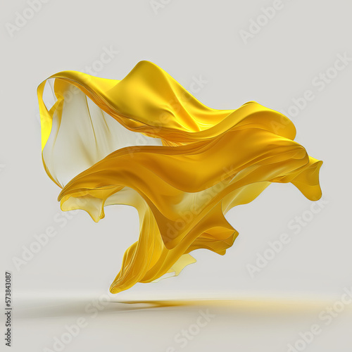 Piece of flying yellow translucent cloth on white background