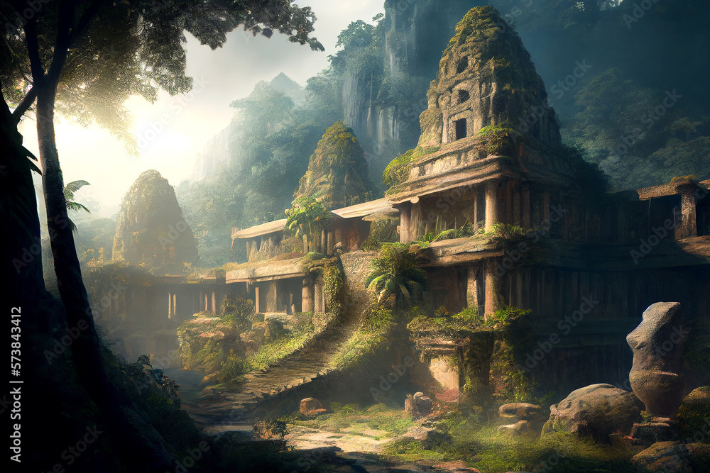 Maya civilization illustration depicting ancient ruins, pyramids, and