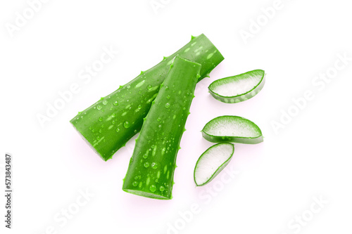 Green aloe vera leaves has water drop and slice on white background , top view , flat lay.