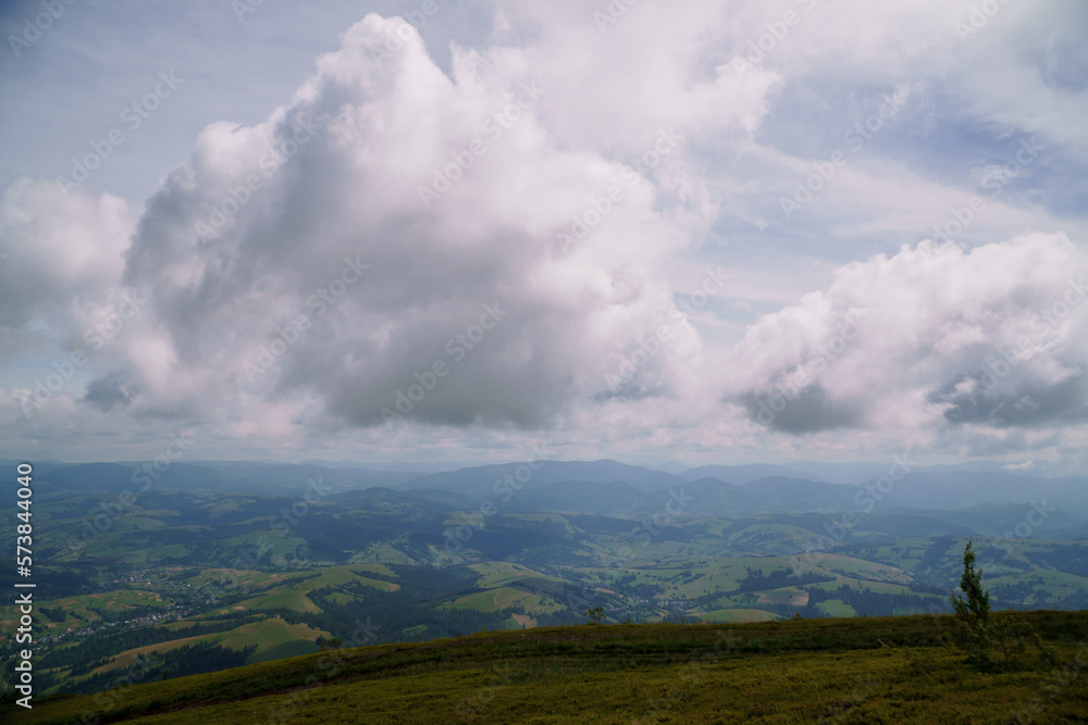 Beautiful summer mountain landscape, forest, clouds. Mount Gemba Pylypets Ukraine. Ukrainian mountains Carpathians, Transcarpathia