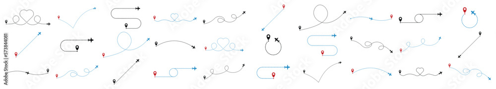 Airplane line path set. Set of the plane icons. Vector illustration. Airplane line path set. Set of the plane icons. Vector illustration.