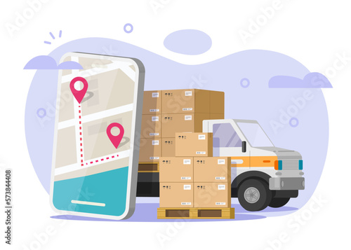 Logistic transport shipping delivery 3d vector graphic illustration, courier freight cargo shipment order service mobile cell phone app, ecommerce distribution truck with parcels image clipart