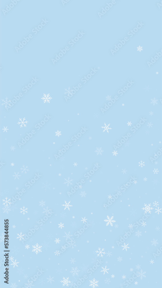 Falling snowflakes christmas background. Subtle flying snow flakes and stars on light blue winter backdrop. Beautifully falling snowflakes overlay. Vertical vector illustration.