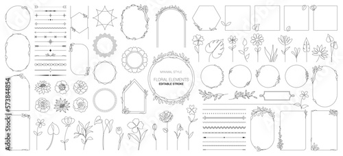 Collection of geometric vector flower frames. Hand drawn line border frames, dividers, corners, flowers and labels. Elegant monogram, hand drawn marriage invitations with wreath borders