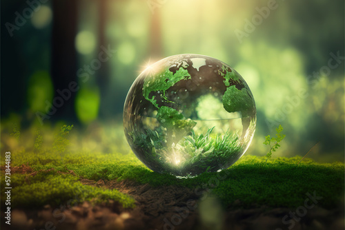 Globe Glass In Green Forest With Sunlight. Generative AI illustration.