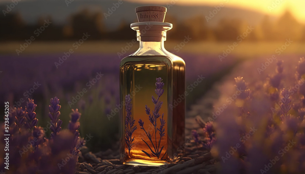 lavender essential oil in clear bottle in lavender field. Generative AI lavender essential oil in clear bottle in lavender field. Generative AI