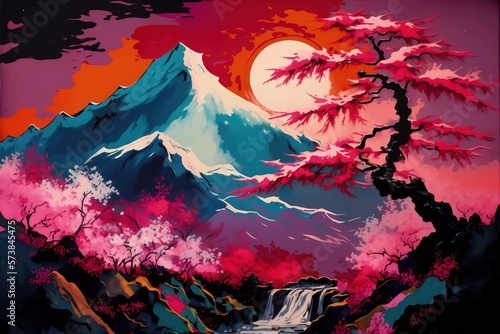 A beautiful landscape illustration  Japanese Style  Dramatic. Generative AI