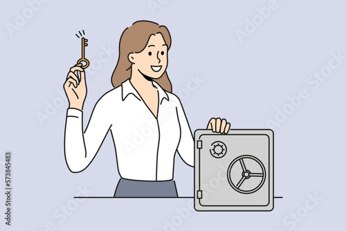 Smiling businesswoman with key standing near strongbox. Happy female employee open safe. Vector illustration. 