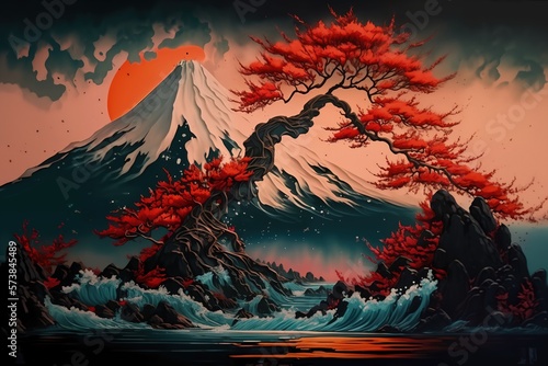 A beautiful landscape illustration, Japanese Style, Dramatic. Generative AI