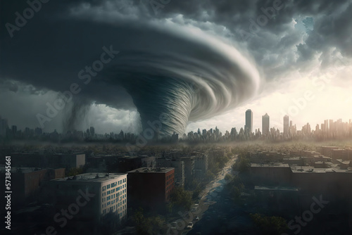 Natural disaster, hurricane hitting a city. Generative AI illustration.