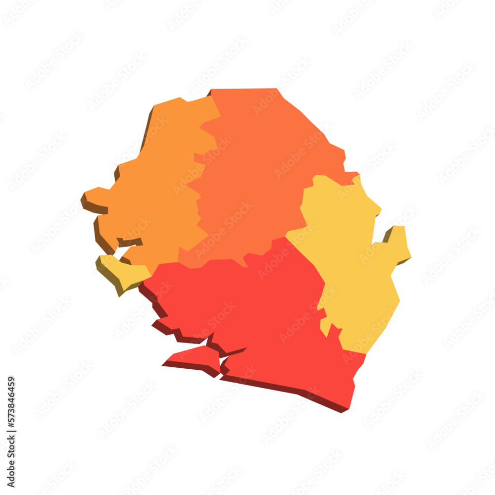 Sierra Leone political map of administrative divisions - provinces and one area. 3D map in shades of orange color.