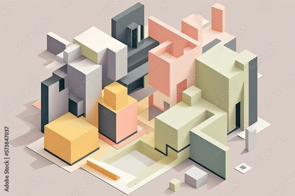 a minimalist city planning illustration in Bauhaus style and pastel colors