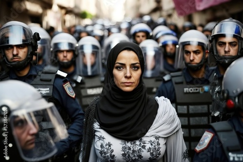 a fictional women rights concept of an Arabic woman with head scarf in a riot protest © EOL STUDIOS