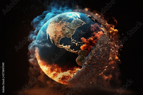 an illustration of earth seen from space burning on one side, climate change global warming concept