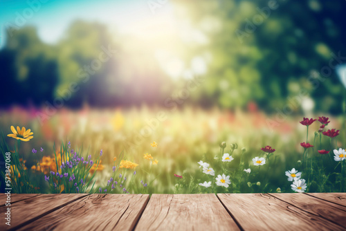 Wildflowers and wooden table background created with generative Ai technology