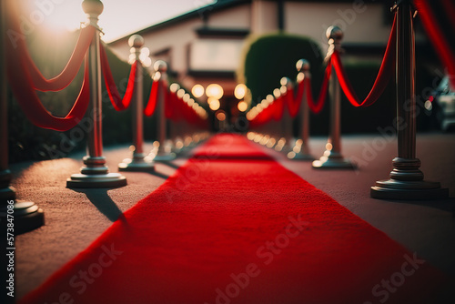 Red Carpet hallway with barriers and red ropes for Cinema and Fashion awards, a ceremony for celebrities persons. Generative AI.