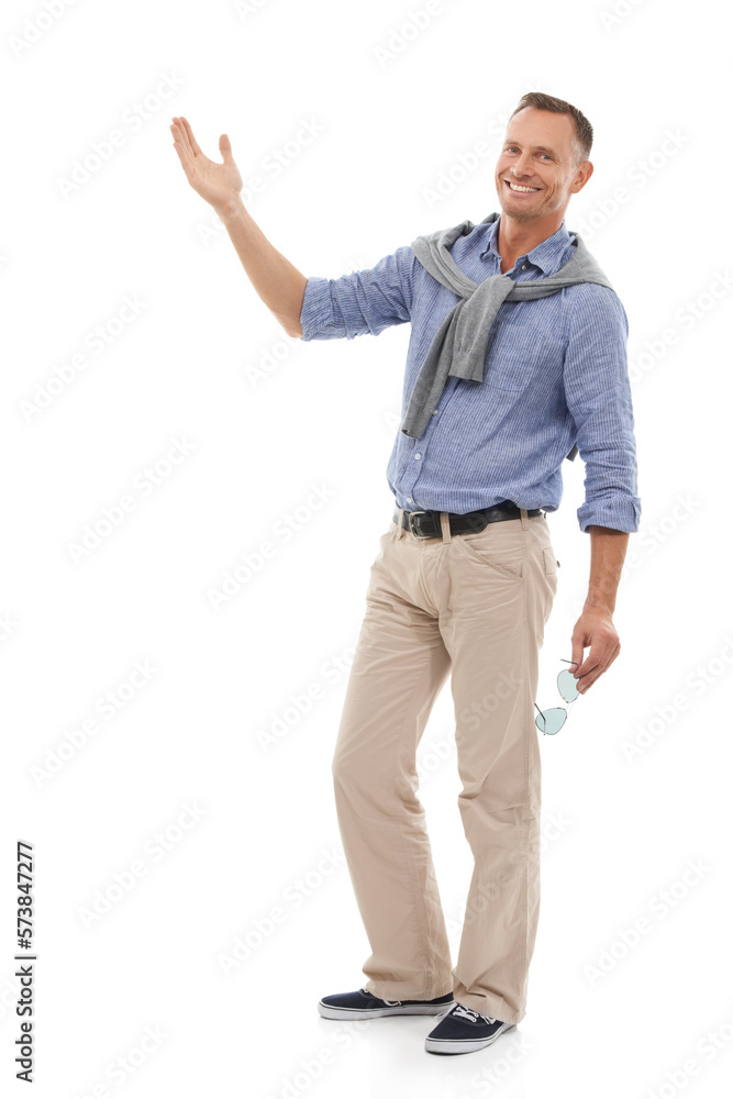 Man, studio portrait and hand for mockup space for advertising logo, brand or promotion sale. Happy model person isolated on a white background for product placement and marketing announcement idea Man, studio portrait and hand for mockup space for advertising logo, brand or promotion sale. Happy model person isolated on a white background for product placement and marketing announcement idea