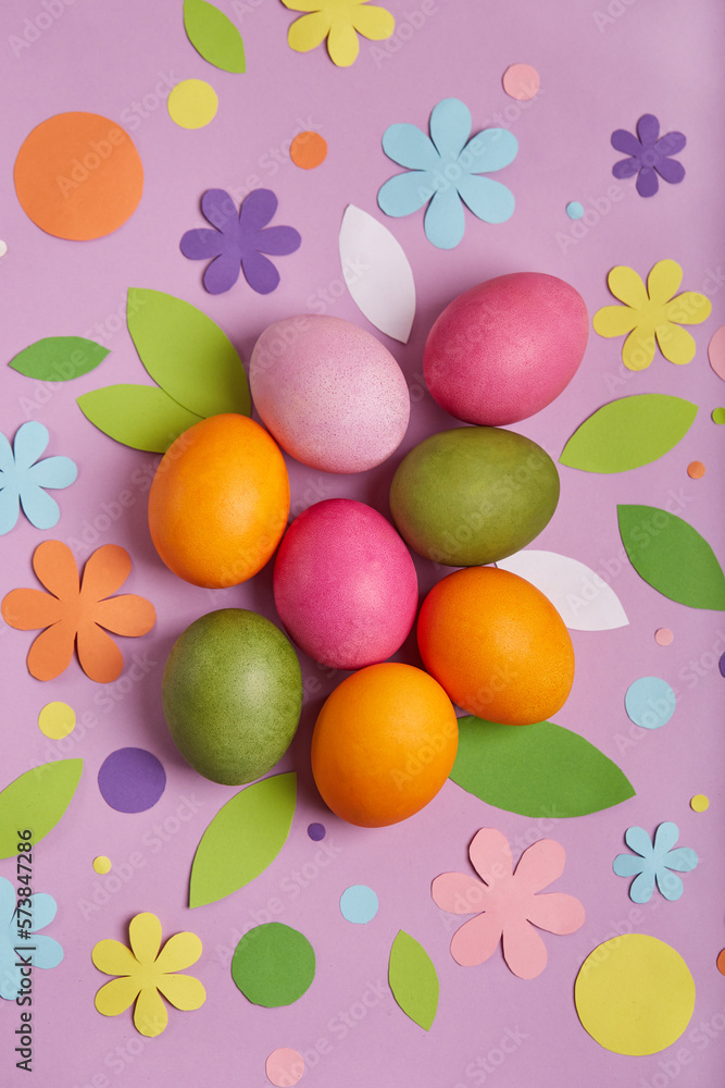 Colored Easter eggs. Spring greeting card banner with traditional Easter symbols. Colored Easter eggs. Spring greeting card banner with traditional Easter symbols.