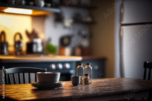 Table top and blurred kitchen room as background. Generative AI illustration.