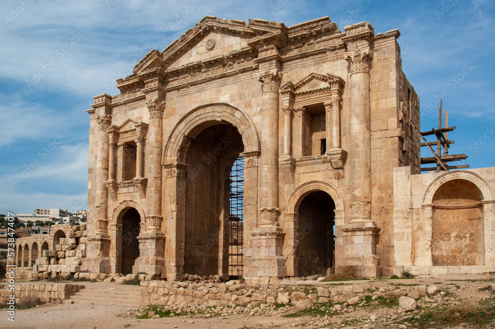 Triumphal arch is main entrance to the museum city and its most important attraction.Triumphal arch of Hadrian with three vaulted arches. The arch was erected in 129 AD. Jordan, Gerasa (Jerash).