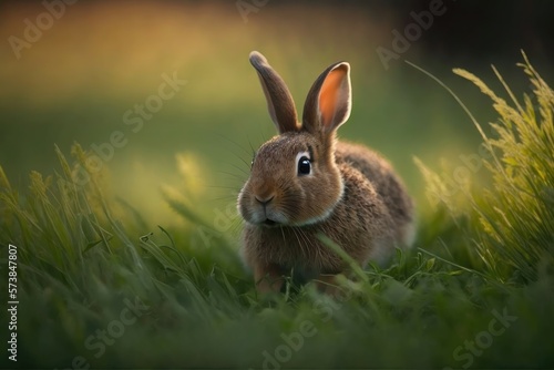 Rabbit is hopping through the grass. Macro Zoom. Generative AI