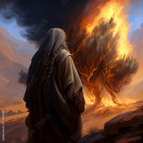 Stampa su tela Moses with the burning bush, old Testament and jewish Torah, Book of Exodus, rel