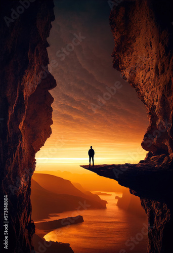 Silhouette of a man standing on a rock ledge against the background of the setting sun. Ai generative.
