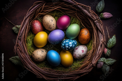 Colorful Easter eggs in a wicker basket. Ai generative.