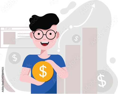 Business graph illustration with a man wearing glasses holding coins