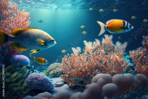 Brightly coloured tropical fish underwater in a blue sea with coral and sand. Generative AI.