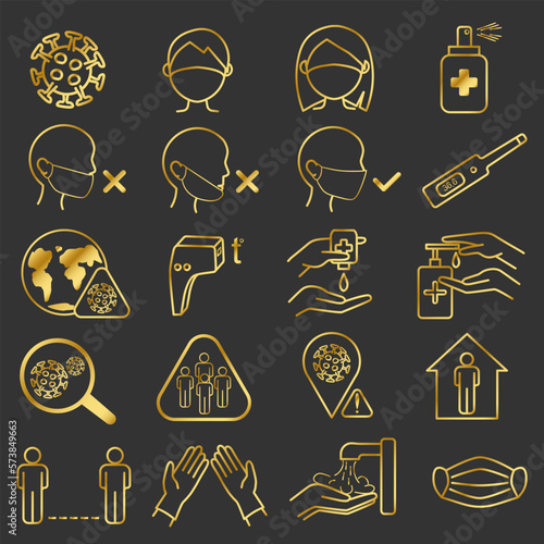 Coronavirus icons set. Symptoms, transmission, prevention or treatment. nCoV or COVID-19 epidemic. Isolated vector eps10. Gold colors gradient