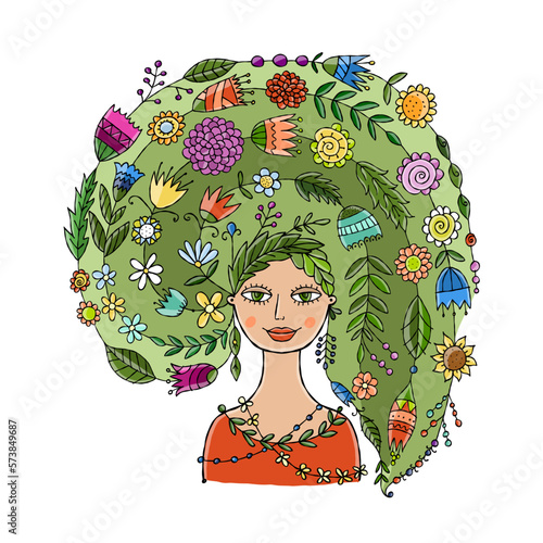 Floral concept art with fairy woman portrait design. Creative vector illustra...