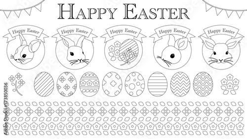 イースターの線画イラスト。うさぎ、イースターエッグや春の花のベクターイラストセット。
Easter vector illustrations. Rabbits, Easter eggs, spring flowers vector line drawing set.