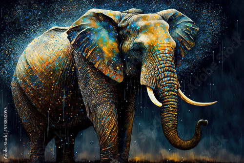 Elephant in splashes of colour coloured ink dramatic light Drops shiny wet realistic. Festival of colors isolated created with Generative AI technology