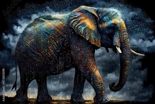 Elephant in splashes of colour coloured ink dramatic light Drops shiny wet realistic. Festival of colors isolated created with Generative AI technology © Inmaculada