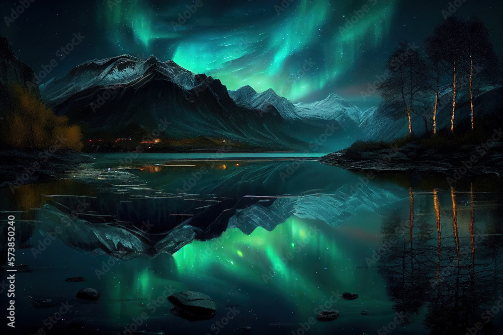 Beautiful northern lights reflecting in the water. Ai generative.